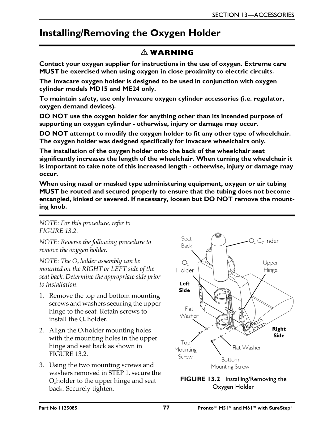 Invacare Pronto M61 manual Installing/Removing the Oxygen Holder, Cylinder 