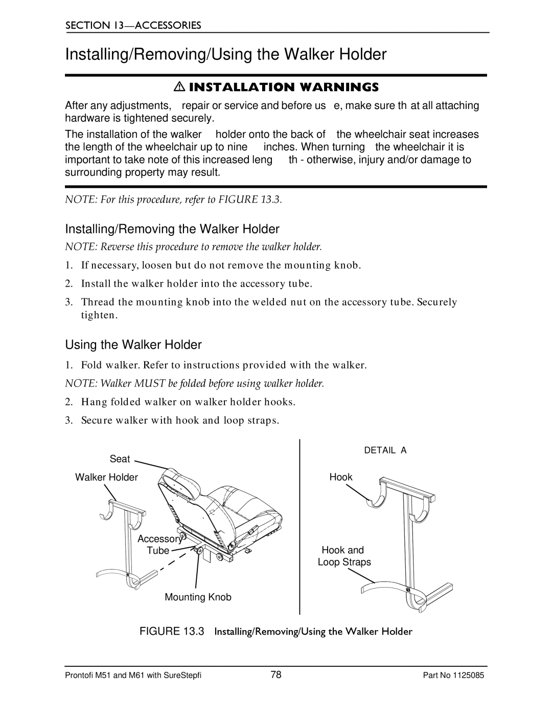 Invacare Pronto M61 manual Installing/Removing/Using the Walker Holder, Installing/Removing the Walker Holder 