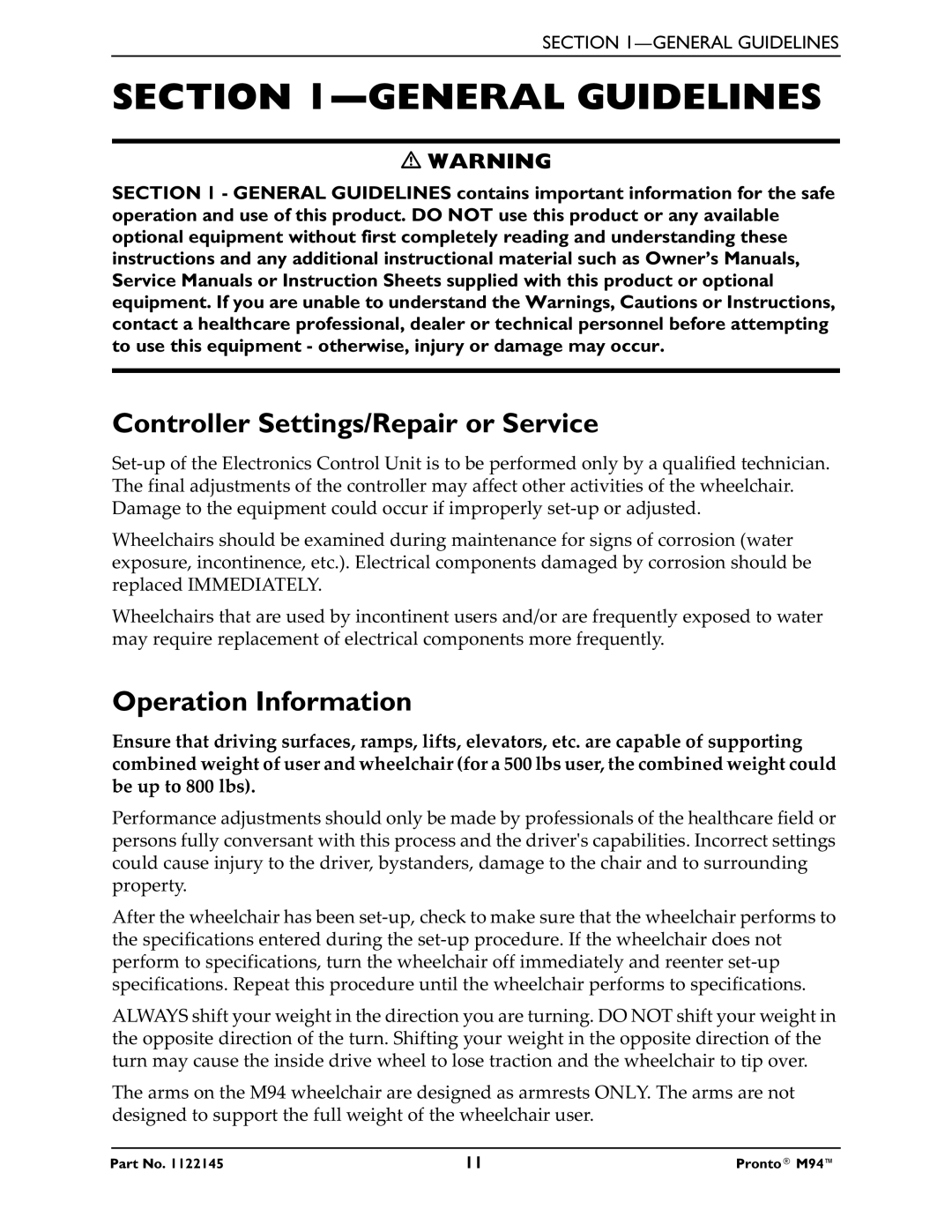 Invacare Pronto M71 manual General Guidelines, Controller Settings/Repair or Service, Operation Information 