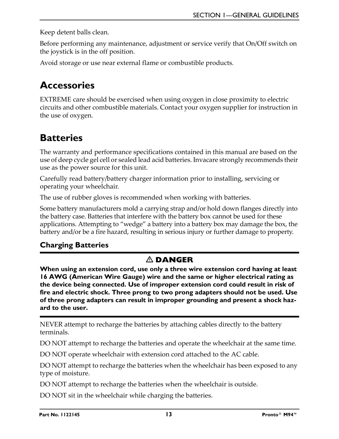 Invacare Pronto M71 manual Accessories, Charging Batteries 