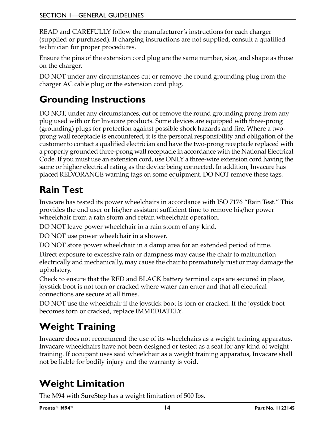 Invacare Pronto M71 manual Grounding Instructions, Rain Test, Weight Training, Weight Limitation 