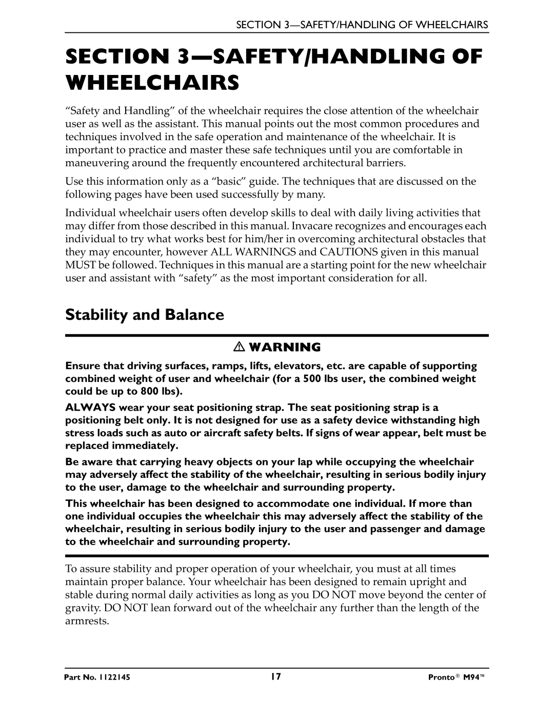 Invacare Pronto M71 manual SAFETY/HANDLING of Wheelchairs, Stability and Balance 