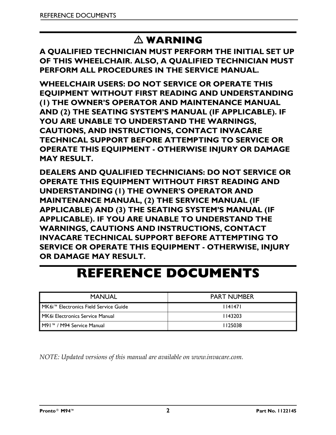 Invacare Pronto M71 manual Reference Documents, Manual Part Number 