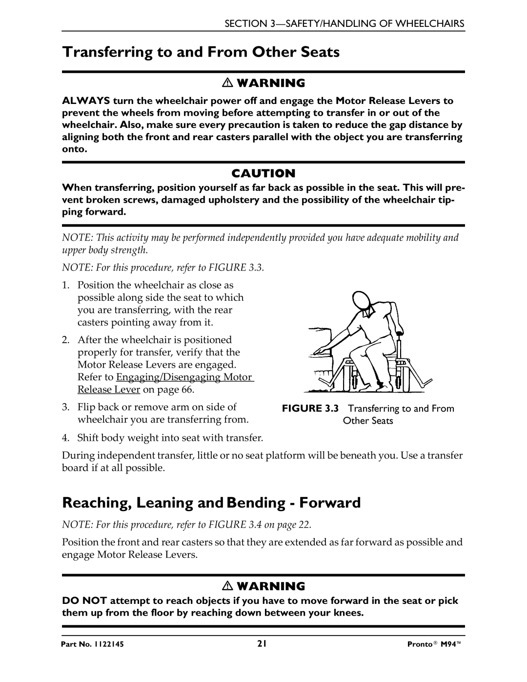 Invacare Pronto M71 manual Transferring to and From Other Seats, Reaching, Leaning and Bending Forward 