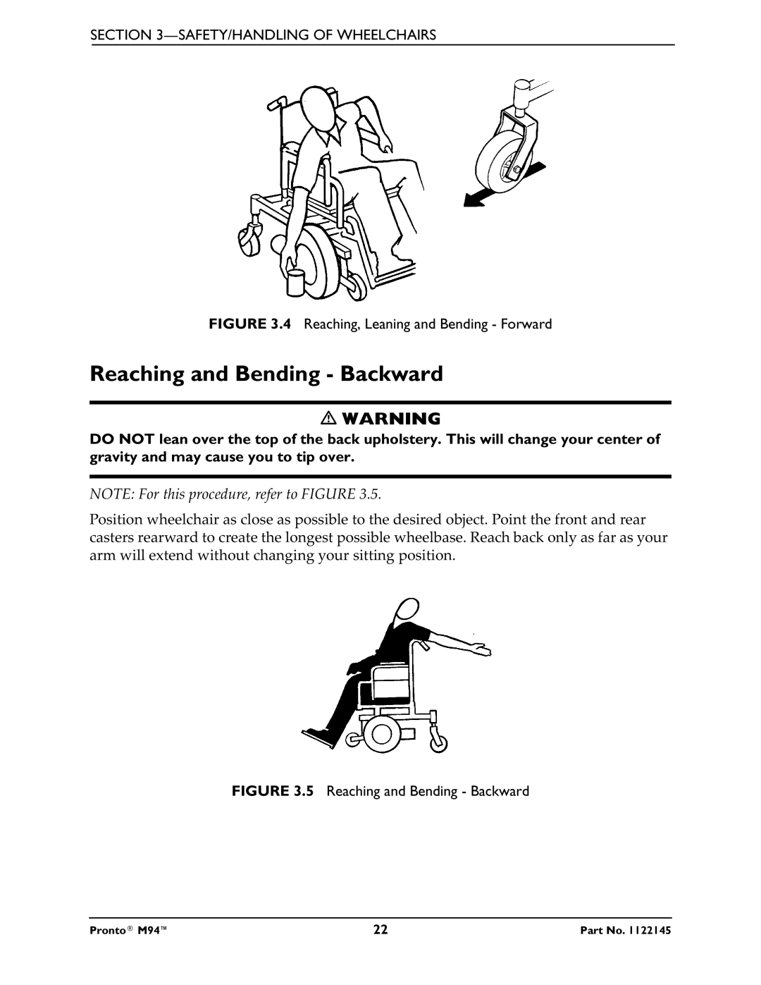 Invacare Pronto M71 manual Reaching and Bending Backward, Reaching, Leaning and Bending Forward 