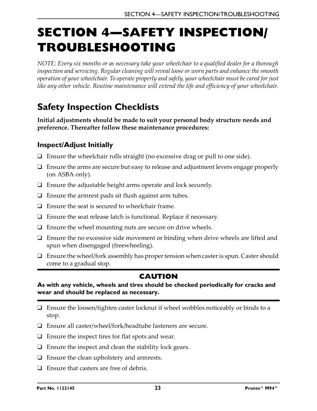 Invacare Pronto M71 manual Safety INSPECTION/ Troubleshooting, Safety Inspection Checklists, Inspect/Adjust Initially 