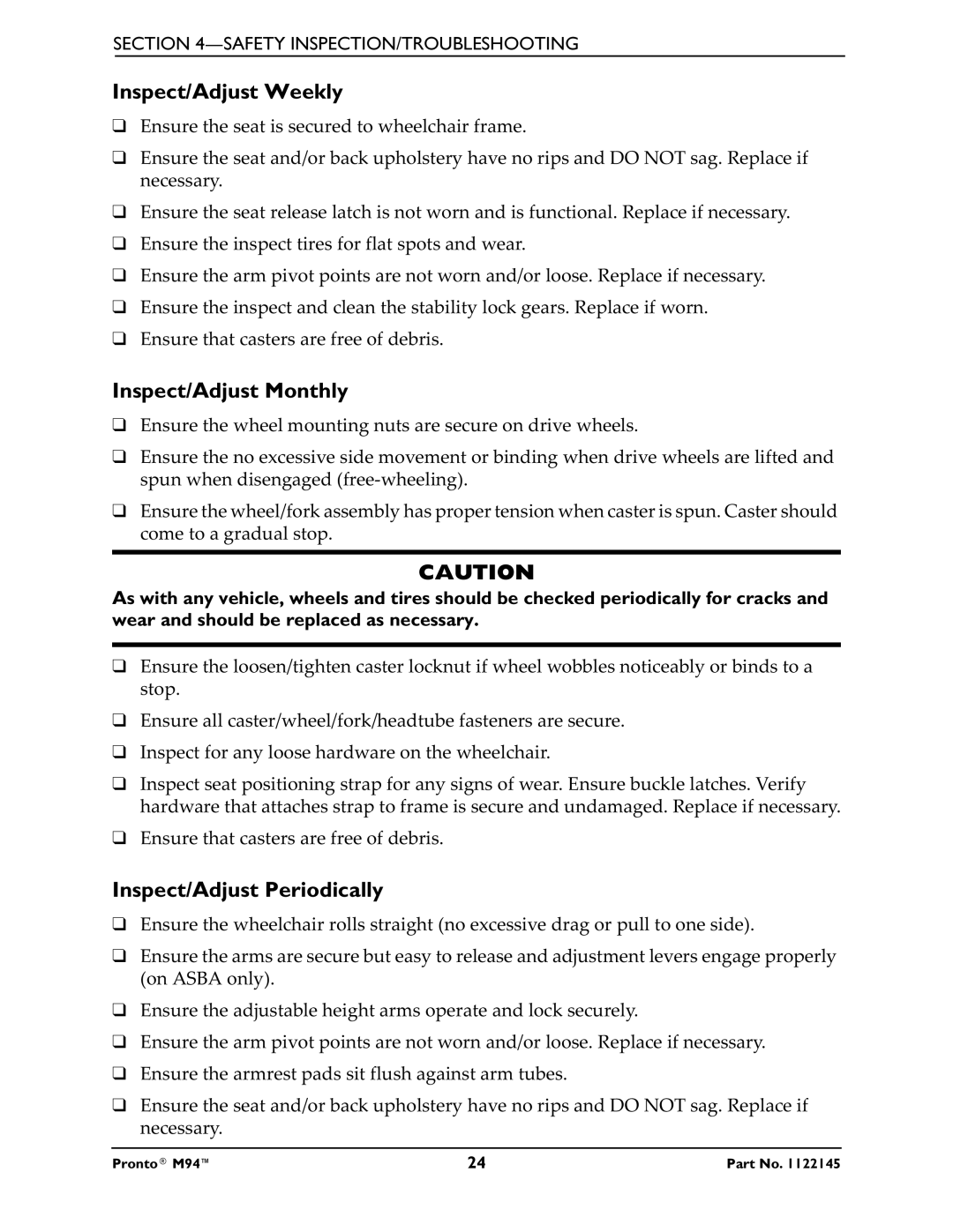 Invacare Pronto M71 manual Inspect/Adjust Weekly, Inspect/Adjust Monthly, Inspect/Adjust Periodically 