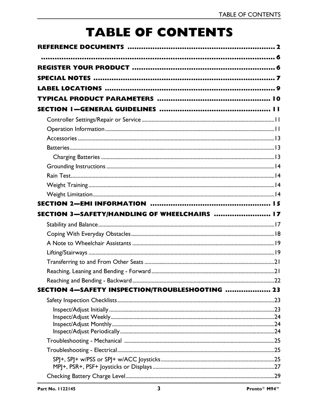 Invacare Pronto M71 manual Table of Contents 