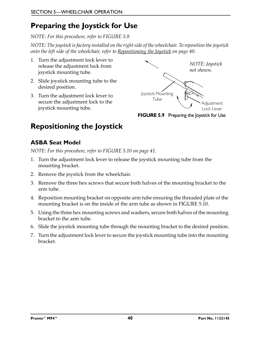 Invacare Pronto M71 manual Preparing the Joystick for Use, Repositioning the Joystick, Asba Seat Model 