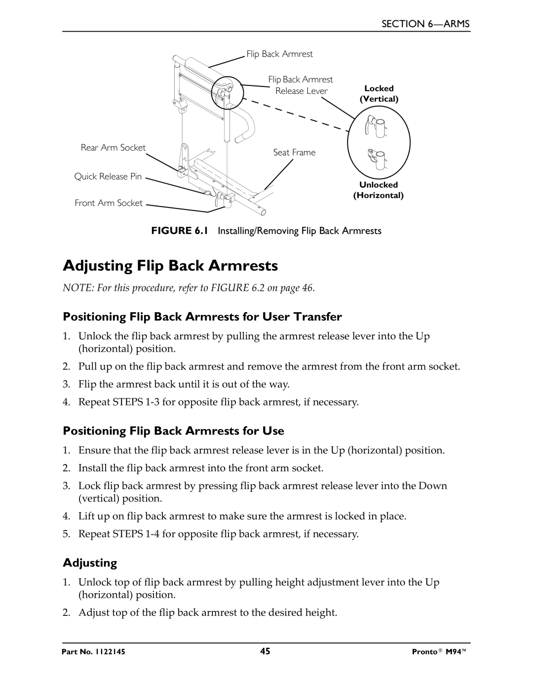 Invacare Pronto M71 manual Adjusting Flip Back Armrests, Positioning Flip Back Armrests for User Transfer 