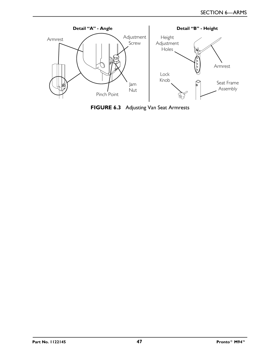 Invacare Pronto M71 manual Adjusting Van Seat Armrests 