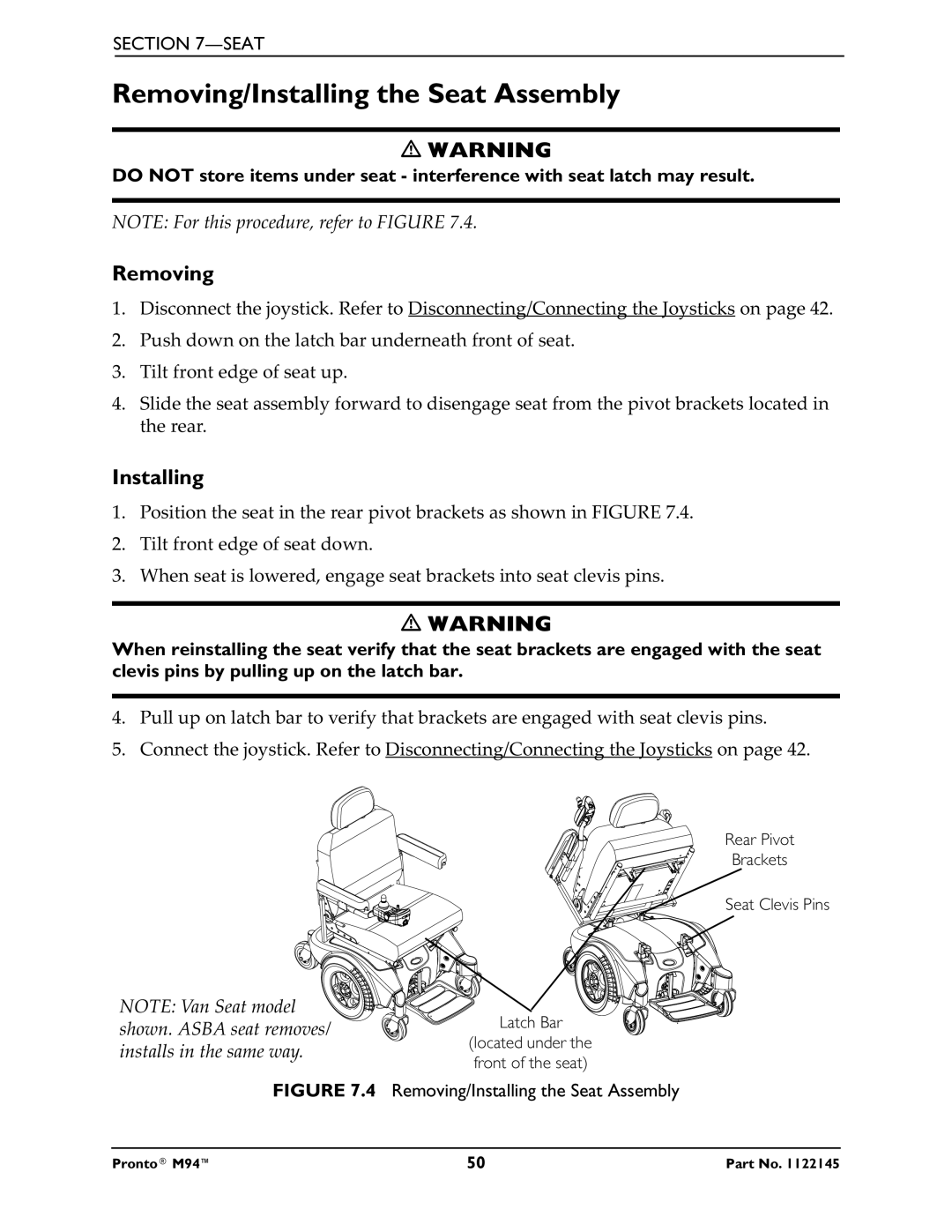 Invacare Pronto M71 manual Removing/Installing the Seat Assembly 