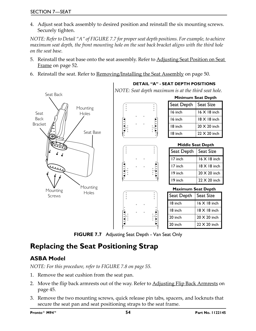 Invacare Pronto M71 manual Replacing the Seat Positioning Strap, Adjusting Seat Depth Van Seat Only 