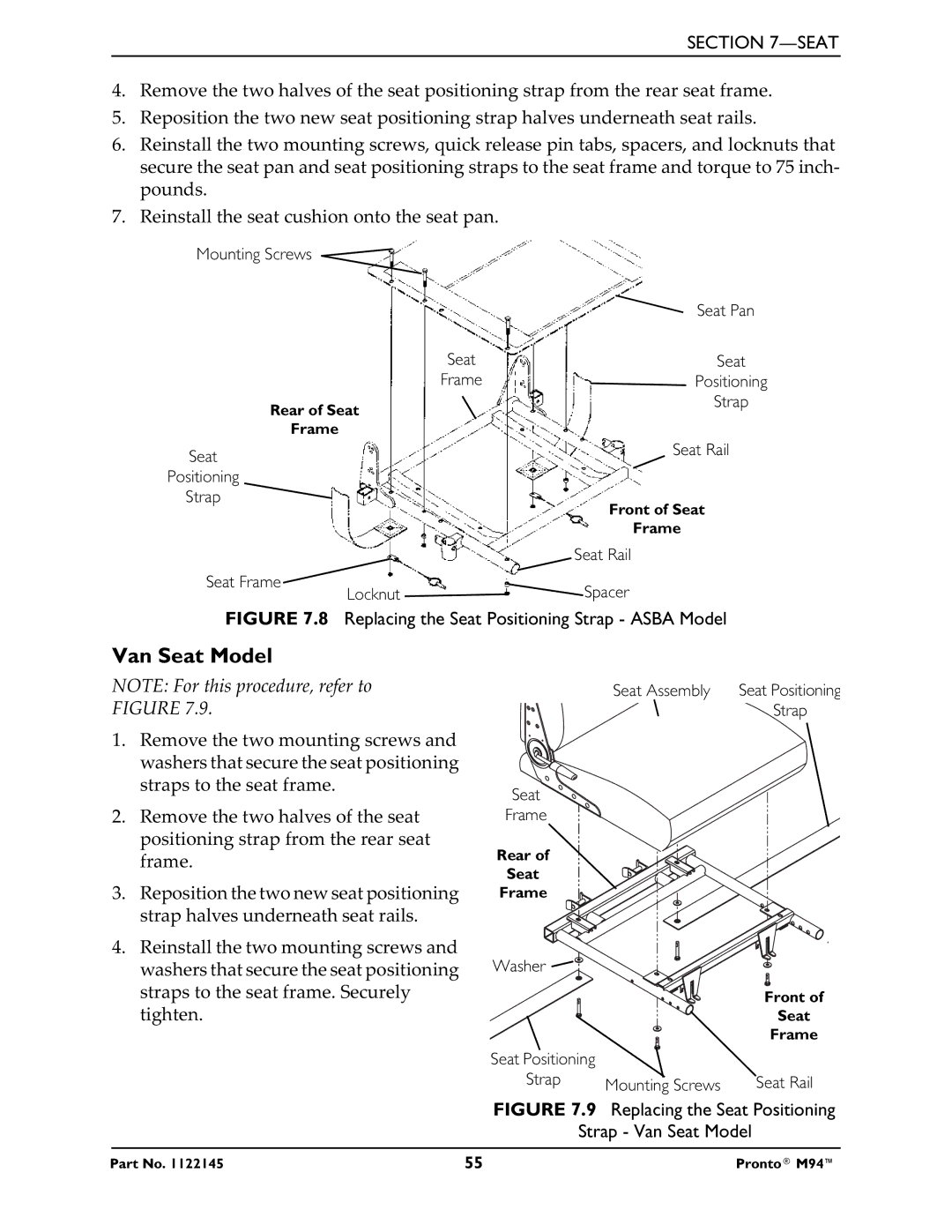 Invacare Pronto M71 manual Replacing the Seat Positioning Strap Asba Model 