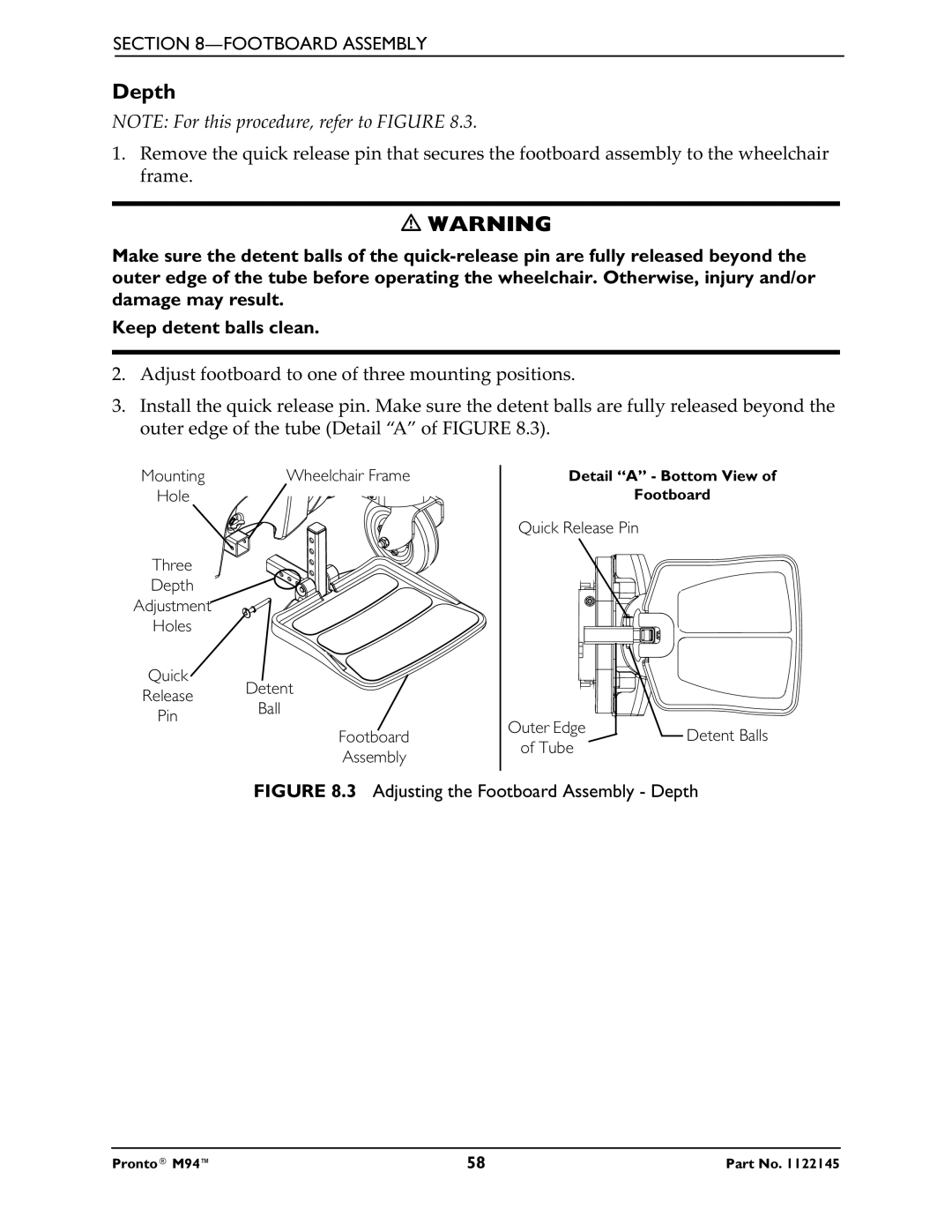 Invacare Pronto M71 manual Adjusting the Footboard Assembly Depth 