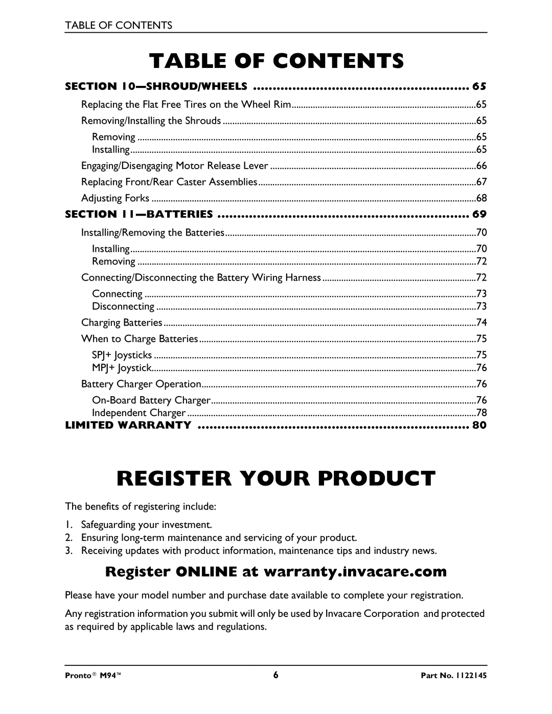 Invacare Pronto M71 manual Register Your Product, Shroud/Wheels, Batteries, Limited Warranty 