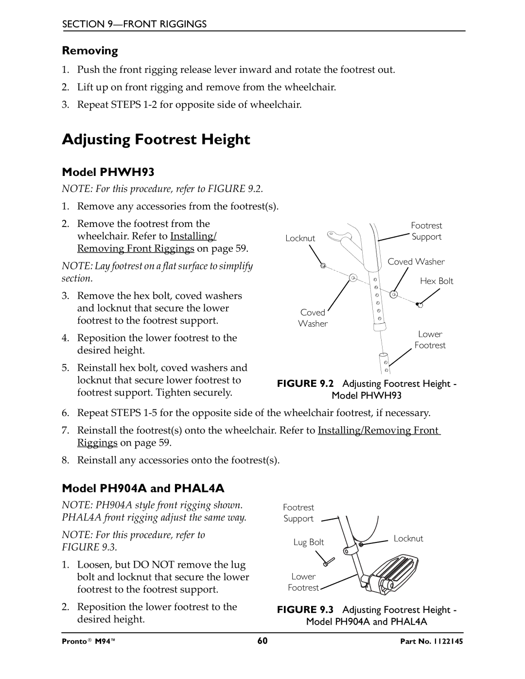 Invacare Pronto M71 manual Adjusting Footrest Height, Model PHWH93, Model PH904A and PHAL4A 