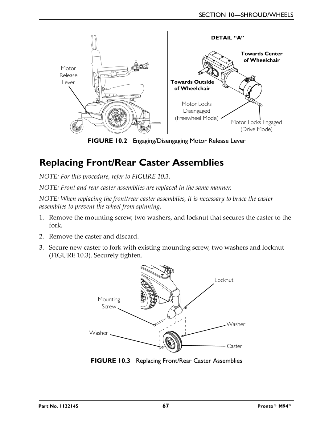 Invacare Pronto M71 manual Replacing Front/Rear Caster Assemblies, Engaging/Disengaging Motor Release Lever 