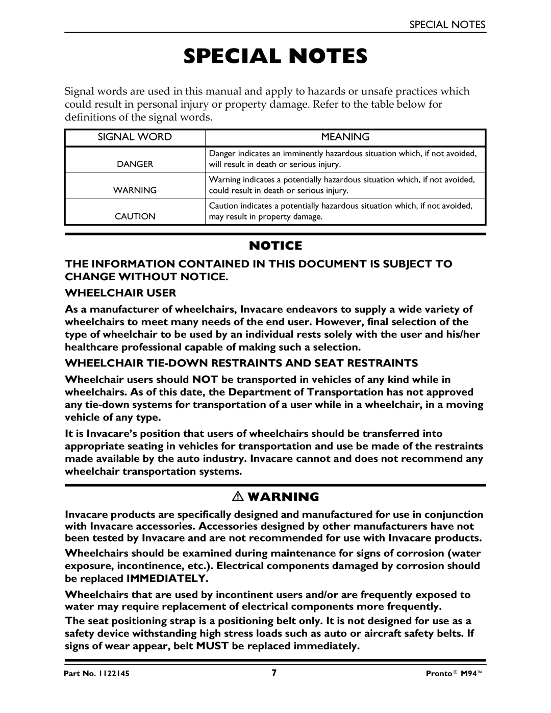 Invacare Pronto M71 manual Special Notes, Signal Word Meaning, Wheelchair TIE-DOWN Restraints and Seat Restraints 