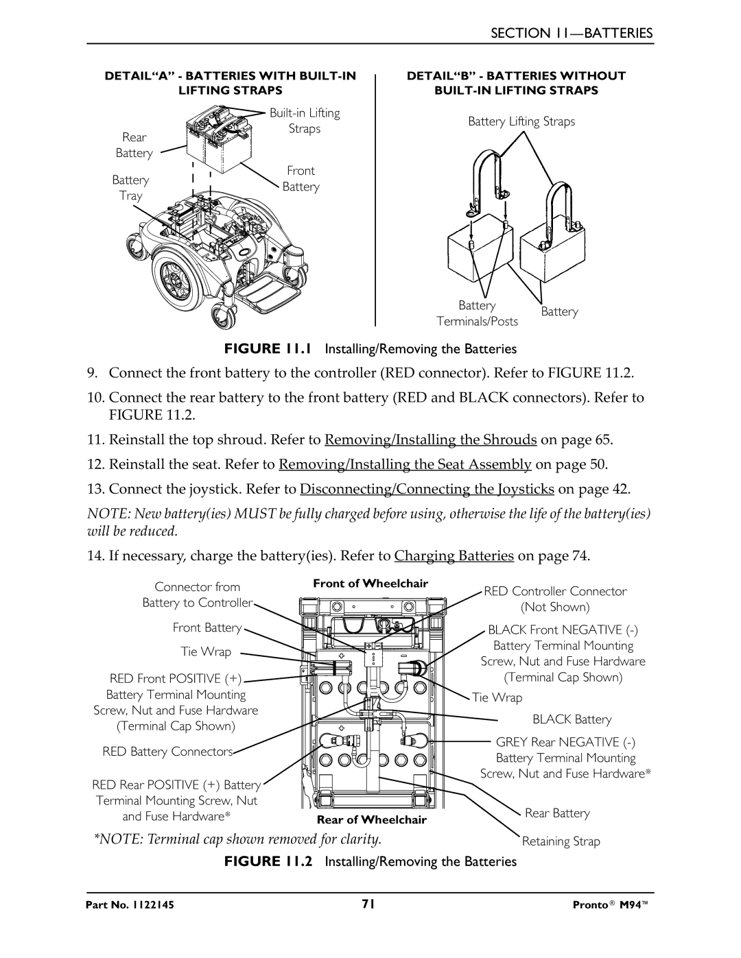 Invacare Pronto M71 manual Installing/Removing the Batteries 