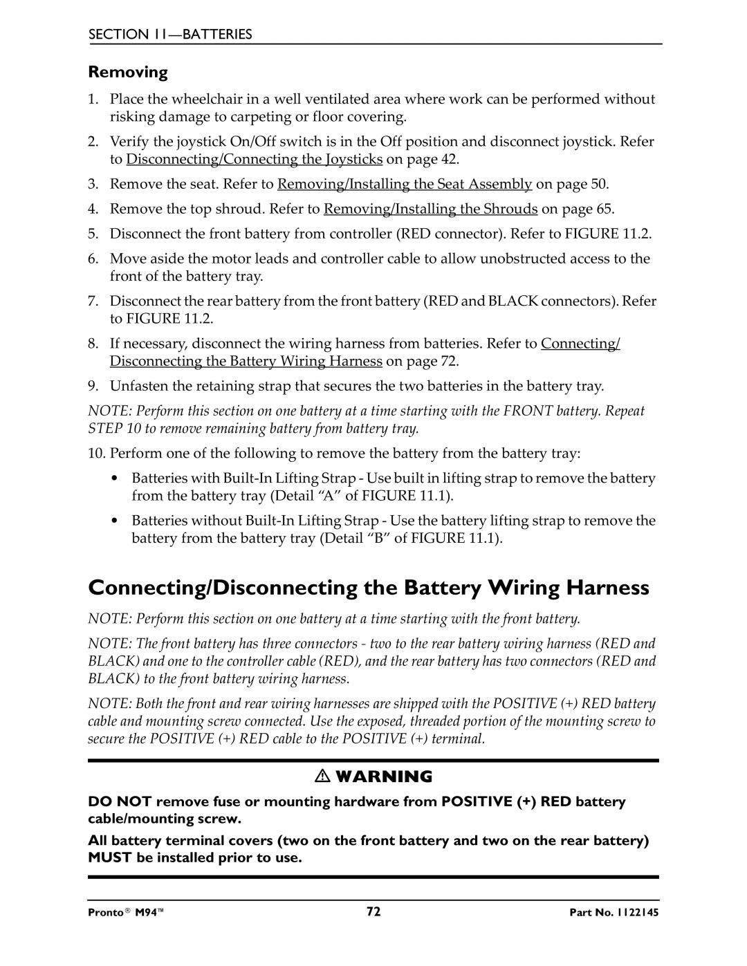 Invacare Pronto M71 manual Connecting/Disconnecting the Battery Wiring Harness, Removing 