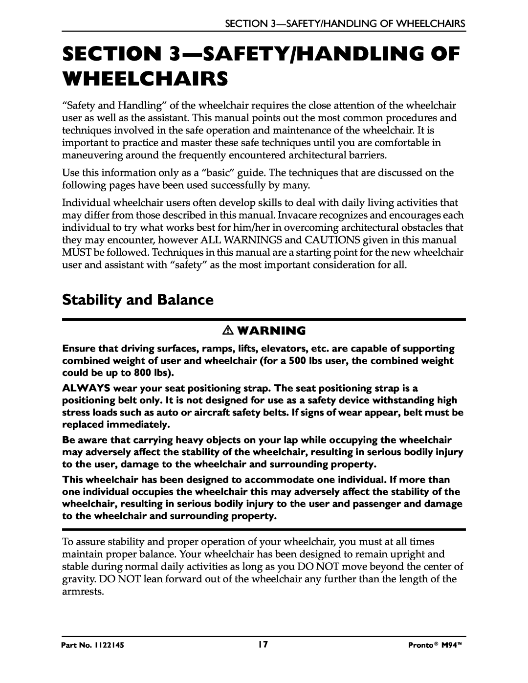 Invacare Pronto M71 manual Safety/Handling Of Wheelchairs, Stability and Balance 