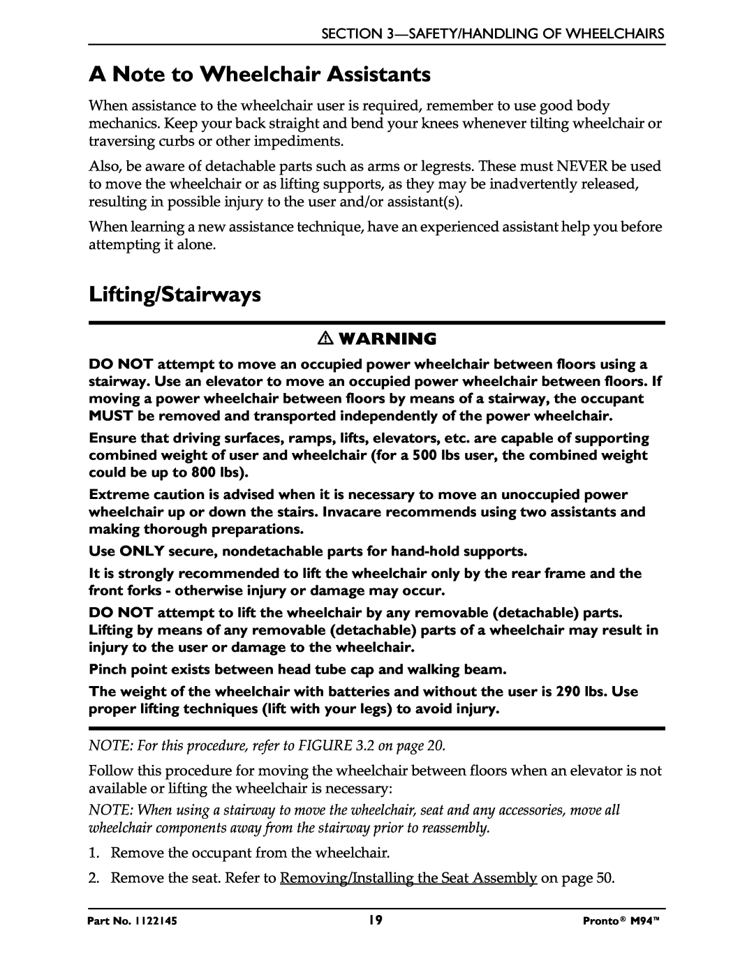 Invacare Pronto M71 manual A Note to Wheelchair Assistants, Lifting/Stairways 