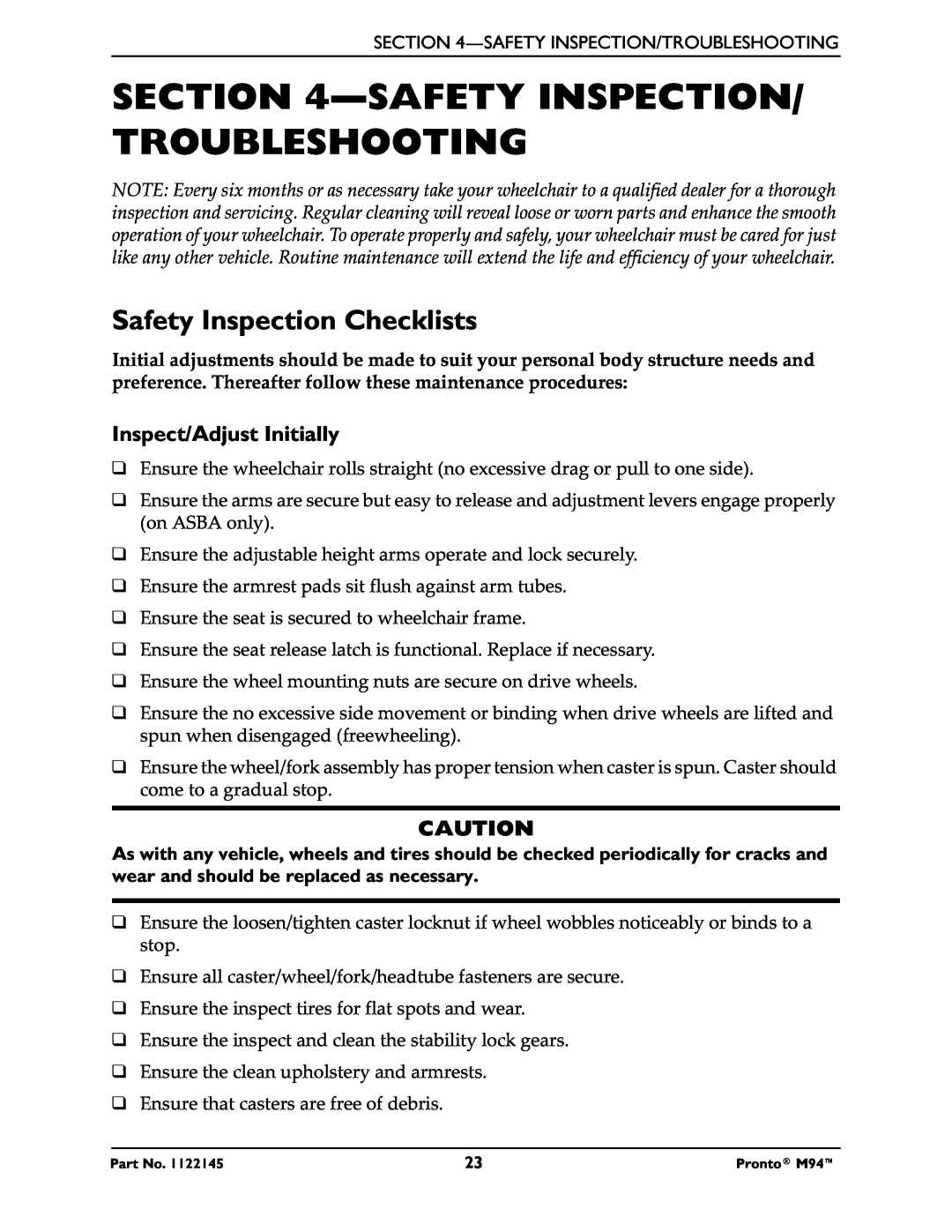 Invacare Pronto M71 manual Safety Inspection/ Troubleshooting, Safety Inspection Checklists 