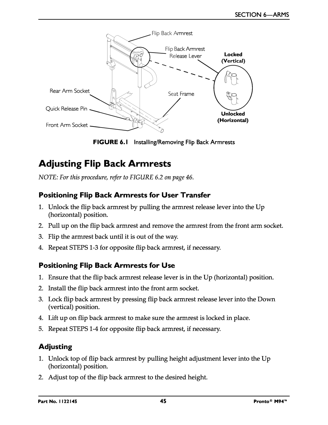 Invacare Pronto M71 manual Adjusting Flip Back Armrests, Positioning Flip Back Armrests for User Transfer 