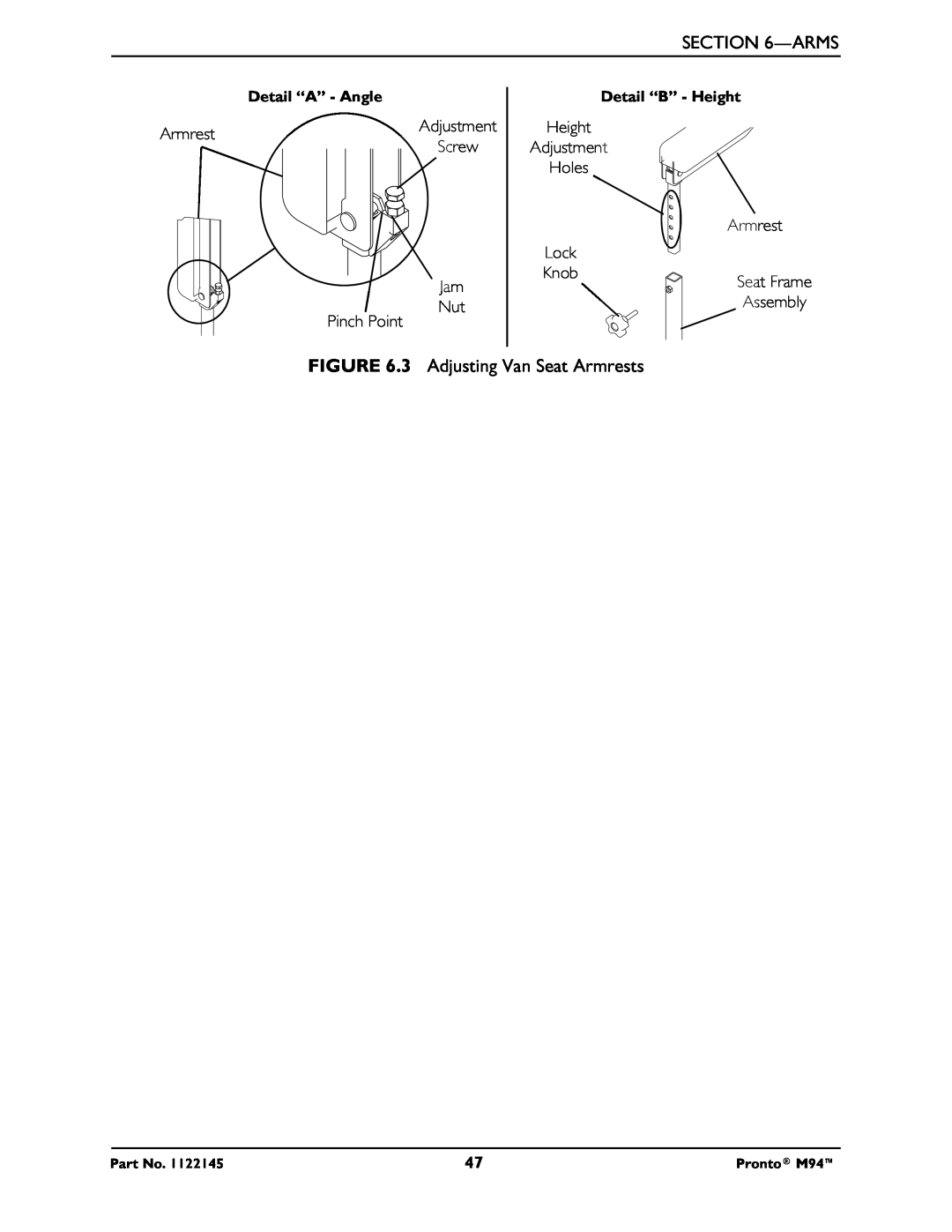 Invacare Pronto M71 manual Arms, 3 Adjusting Van Seat Armrests, Jam Nut Pinch Point 