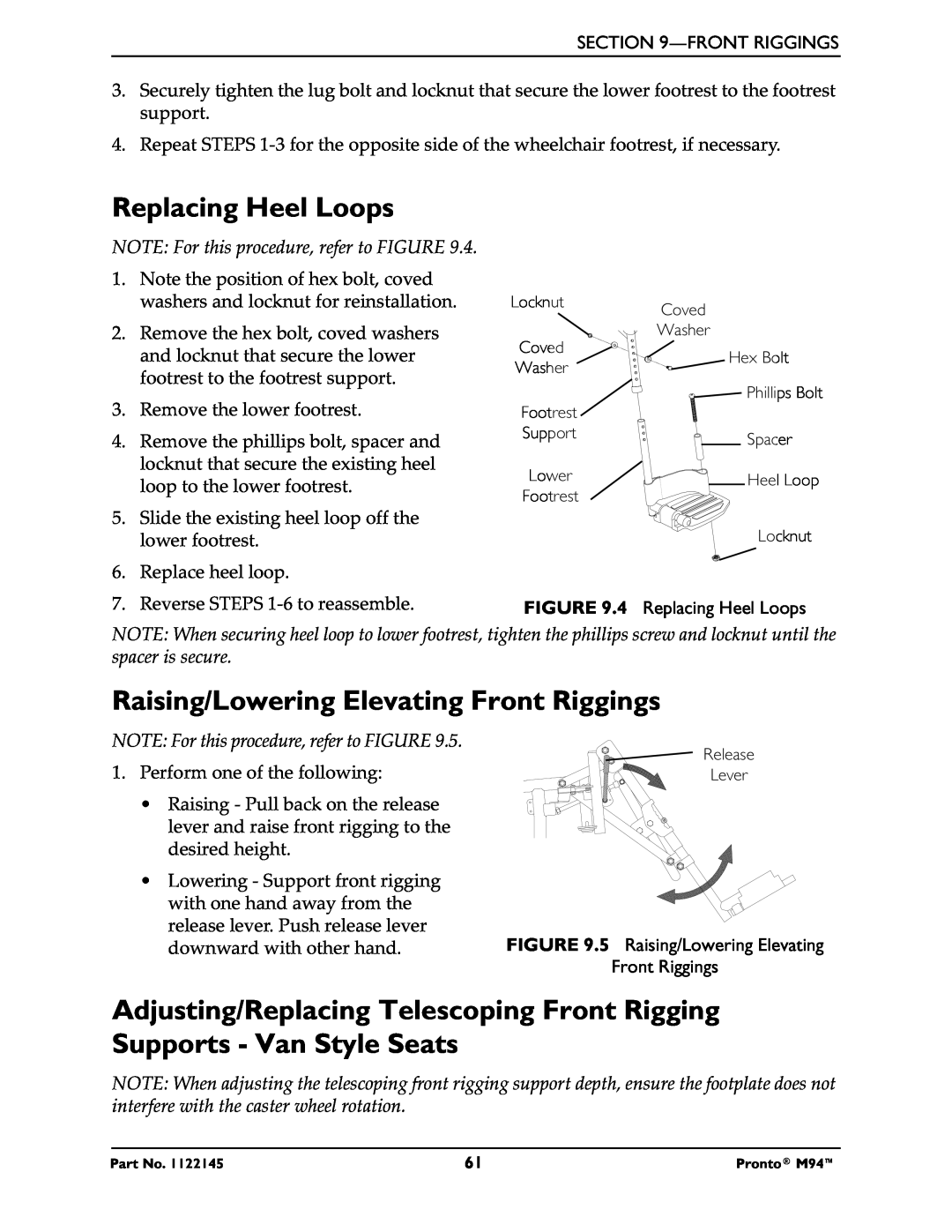 Invacare Pronto M71 manual Replacing Heel Loops, Raising/Lowering Elevating Front Riggings, Washer 