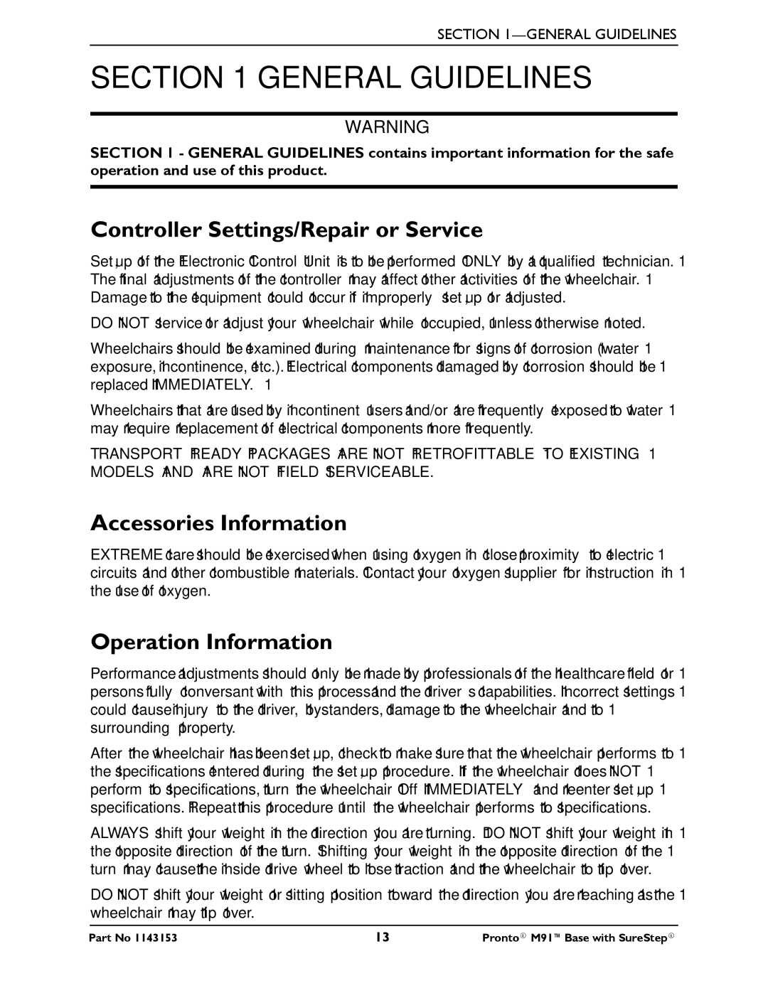 Invacare Pronto M91 Base manual General Guidelines, Controller Settings/Repair or Service, Accessories Information 