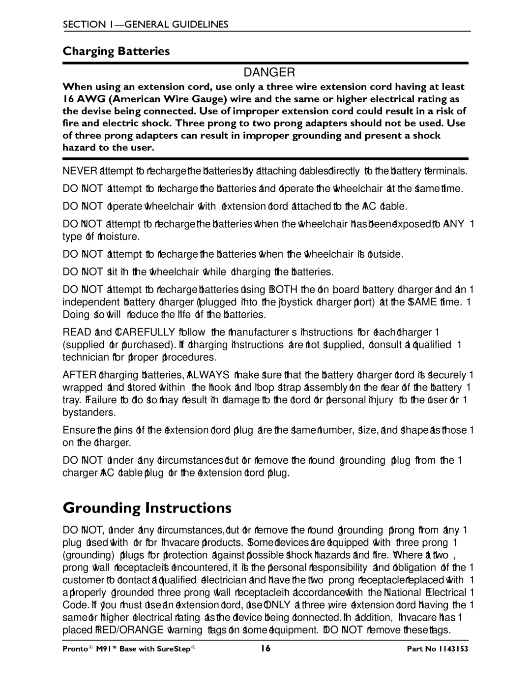 Invacare Pronto M91 Base manual Grounding Instructions, Charging Batteries 