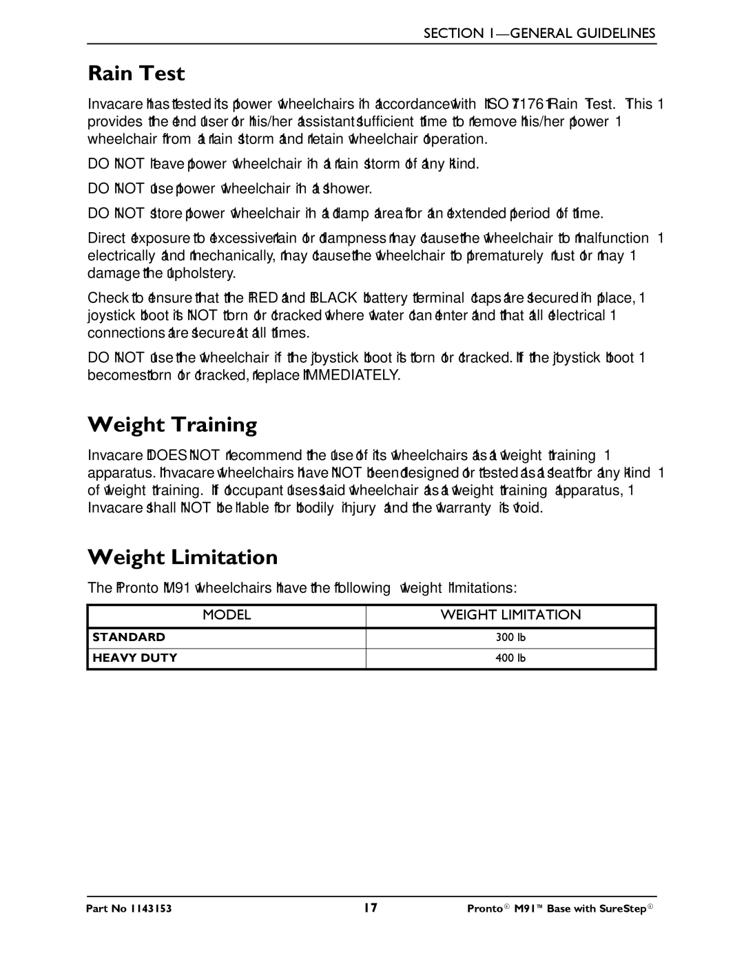 Invacare Pronto M91 Base manual Rain Test, Weight Training, Model Weight Limitation 