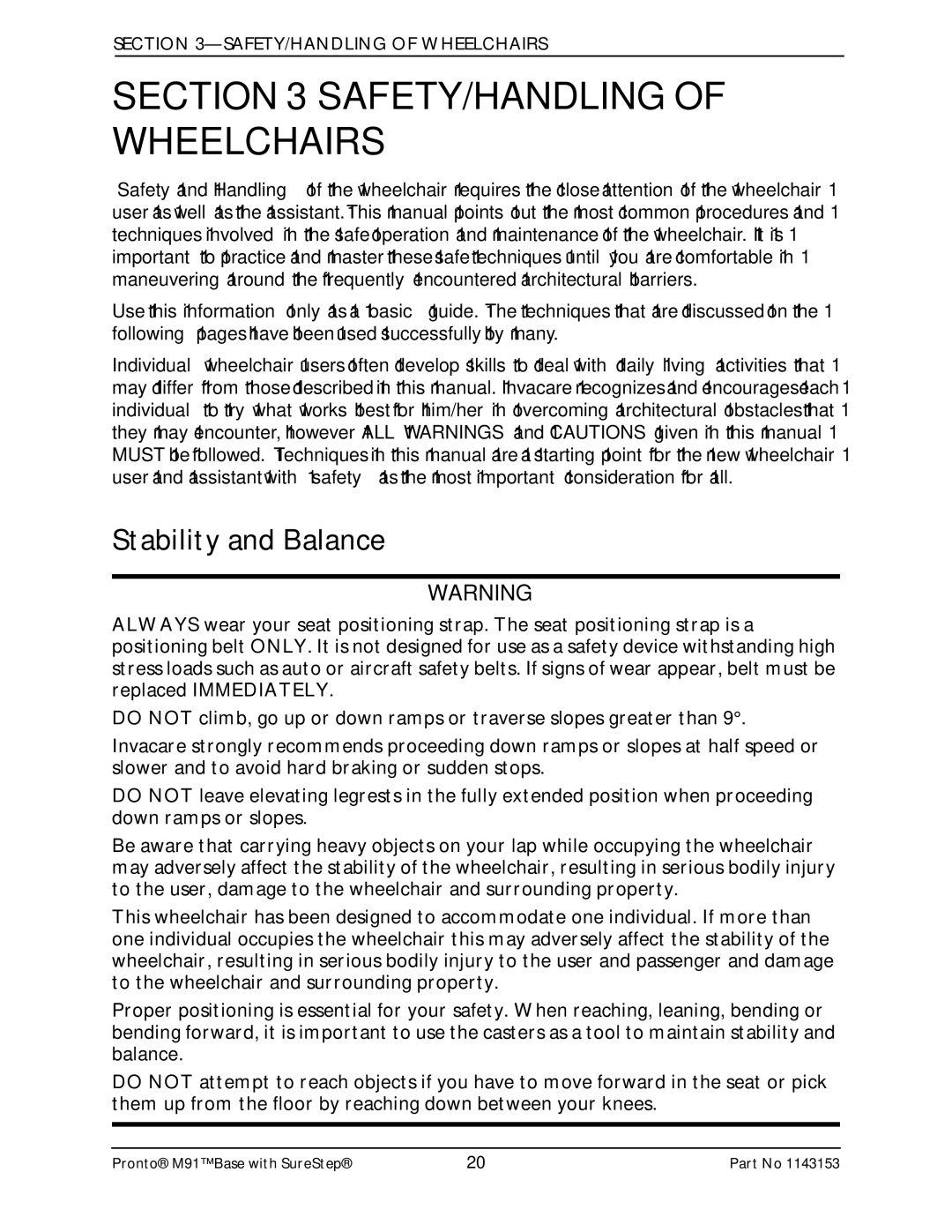 Invacare Pronto M91 Base manual SAFETY/HANDLING of Wheelchairs, Stability and Balance 