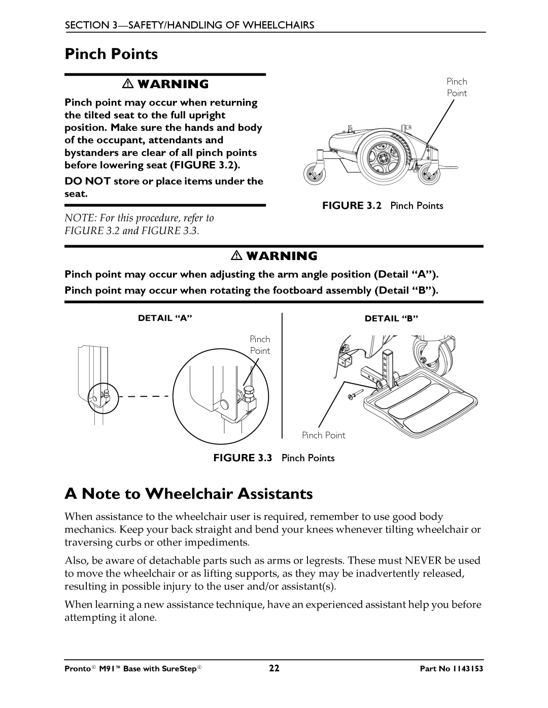 Invacare Pronto M91 Base manual Pinch Points 