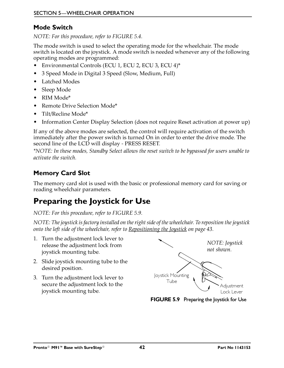 Invacare Pronto M91 Base manual Preparing the Joystick for Use, Mode Switch, Memory Card Slot 