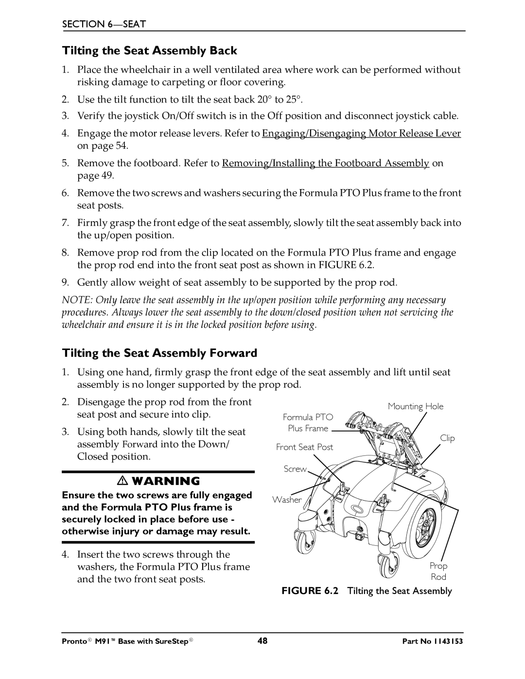 Invacare Pronto M91 Base manual Tilting the Seat Assembly Back, Tilting the Seat Assembly Forward 