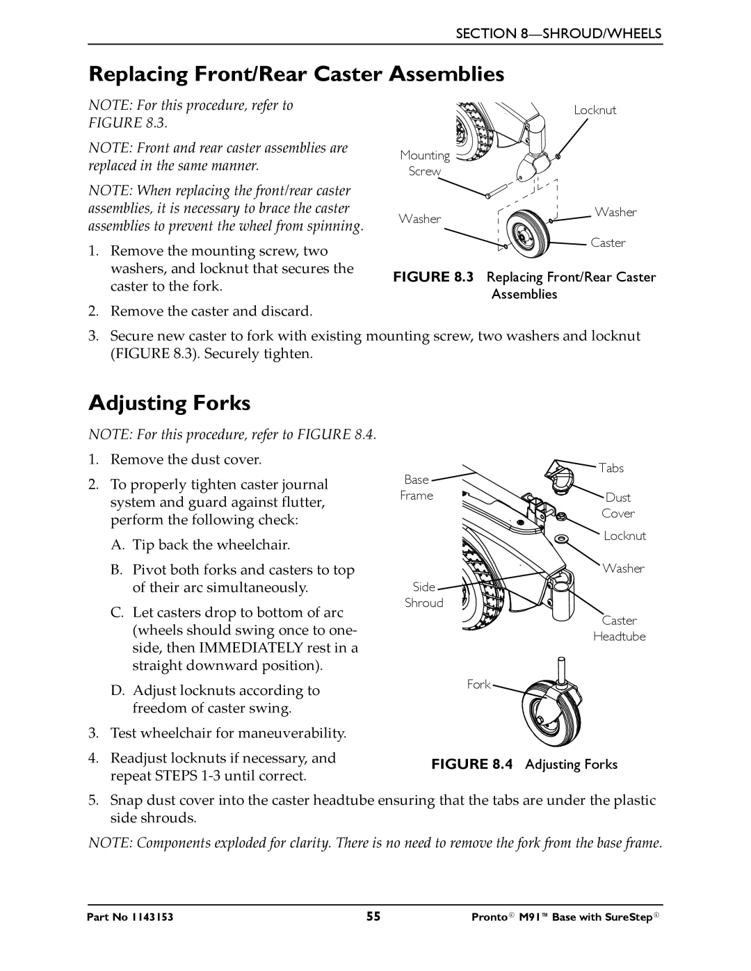 Invacare Pronto M91 Base manual Replacing Front/Rear Caster Assemblies, Adjusting Forks 