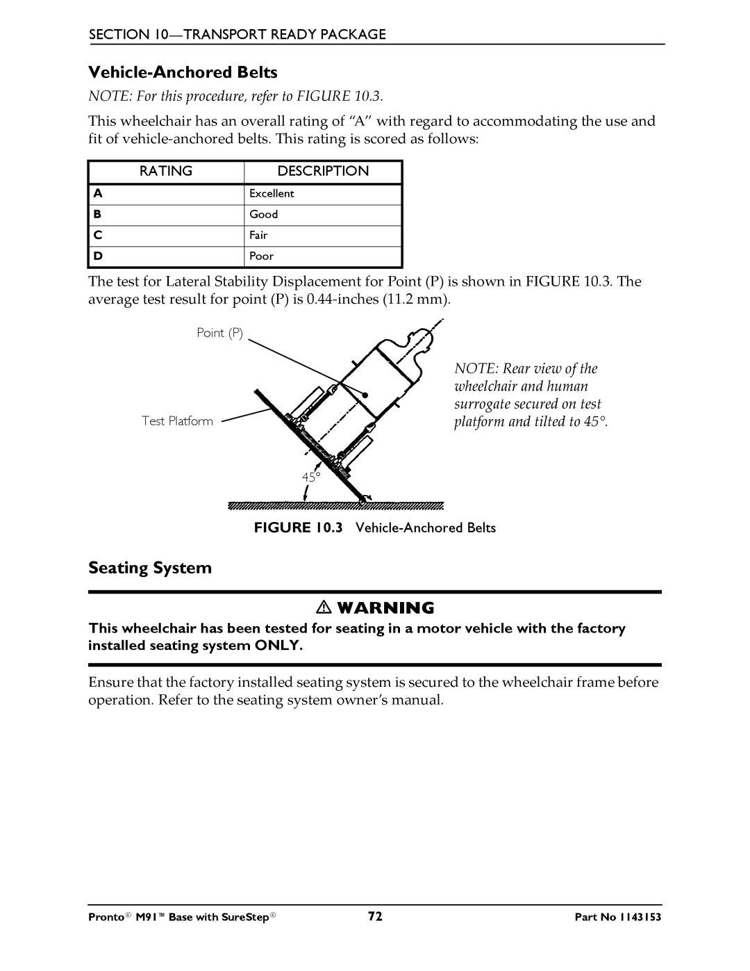 Invacare Pronto M91 Base manual Vehicle-Anchored Belts, Seating System 