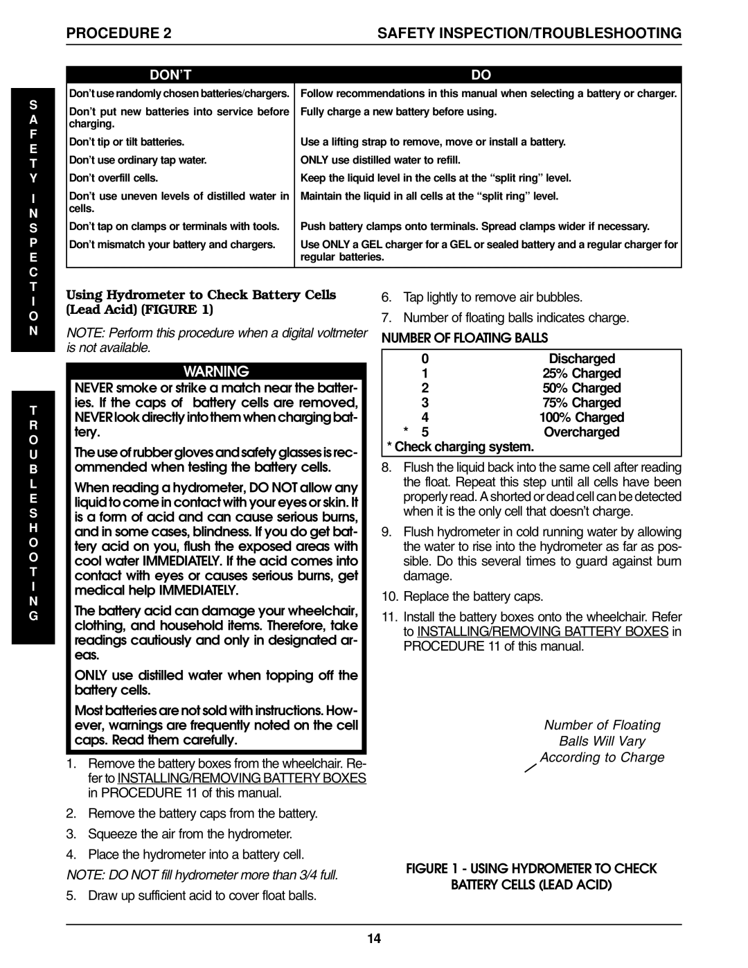 Invacare Pronto R2, R2-250 manual Using Hydrometer to Check Battery Cells Lead Acid Figure, Number of Floating Balls 