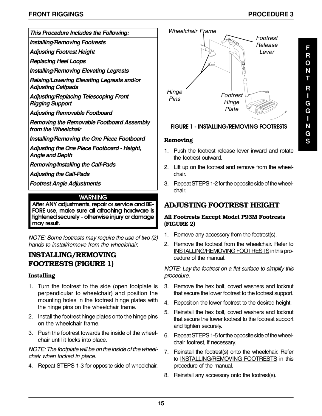 Invacare R2-250, Pronto R2 INSTALLING/REMOVING Footrests Figure, Adjusting Footrest Height, Front Riggings, O N T, I N G S 