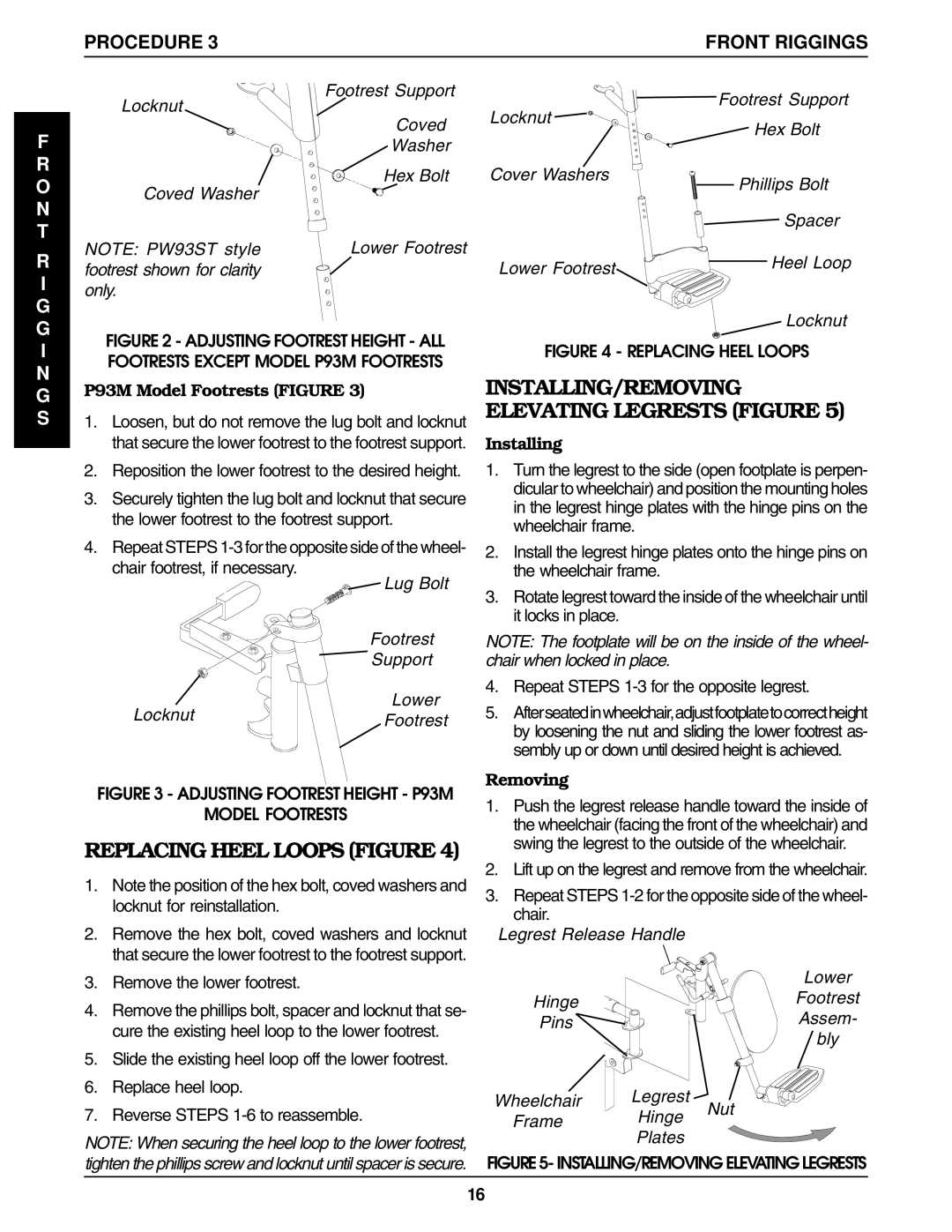 Invacare Pronto R2 Replacing Heel Loops Figure, INSTALLING/REMOVING Elevating Legrests Figure, Procedure Front Riggings 