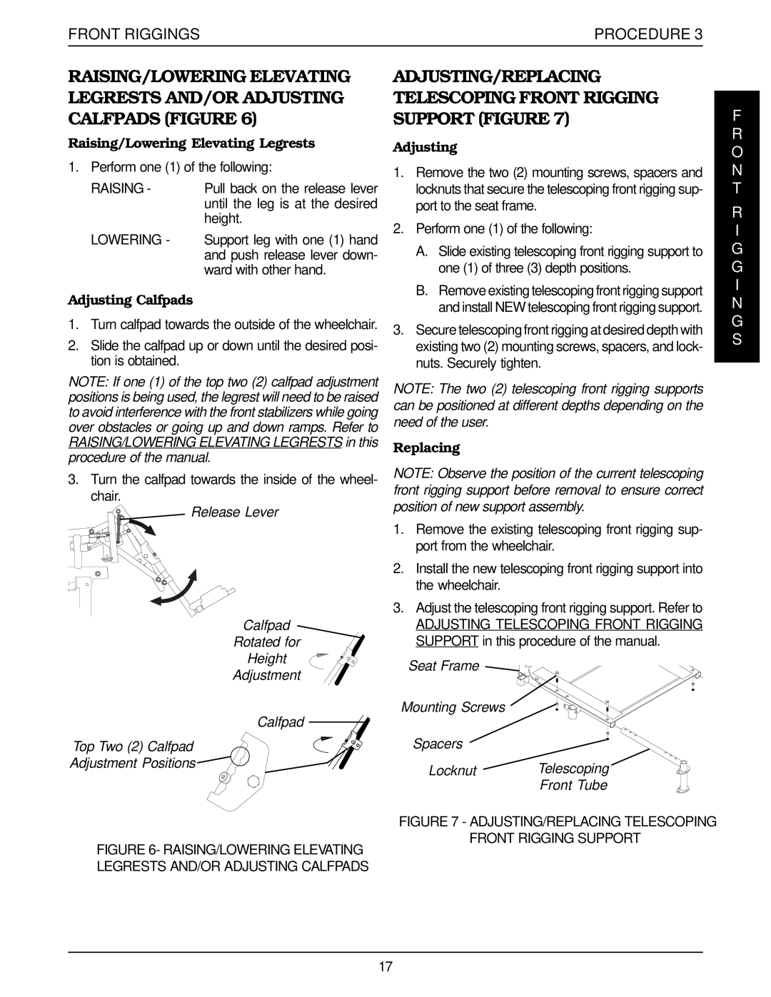 Invacare R2-250, Pronto R2 manual Raising/Lowering Elevating Legrests, Adjusting Calfpads, Replacing, Front Rigging Support 