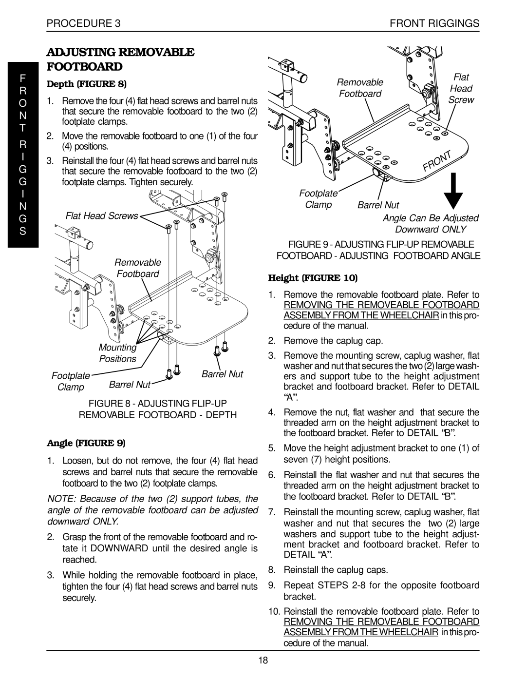 Invacare Pronto R2, R2-250 manual Adjusting Removable Footboard, Depth Figure, Angle Figure, Height Figure 