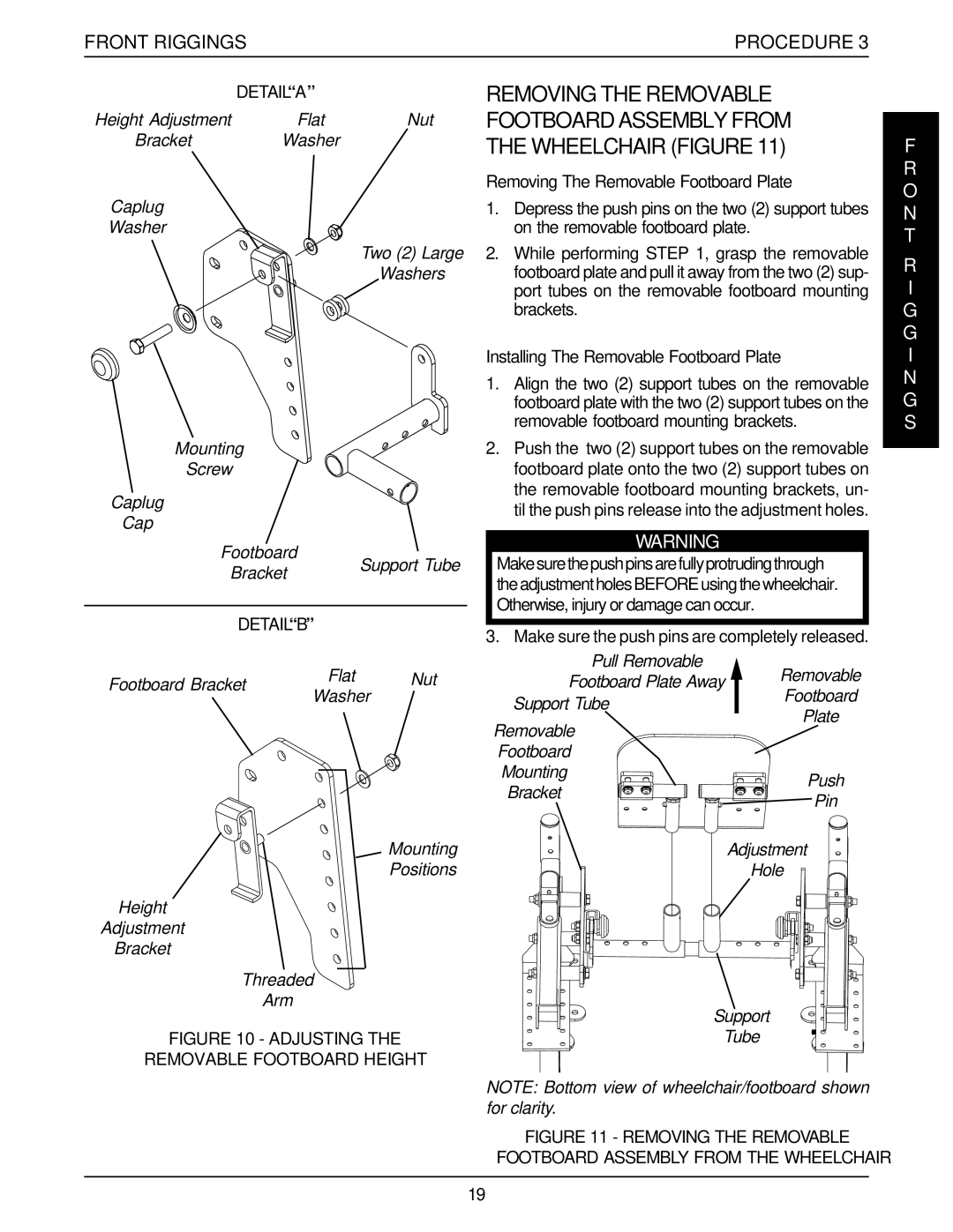 Invacare R2-250, Pronto R2 manual Removing The Removable Footboard Plate, Installing The Removable Footboard Plate 