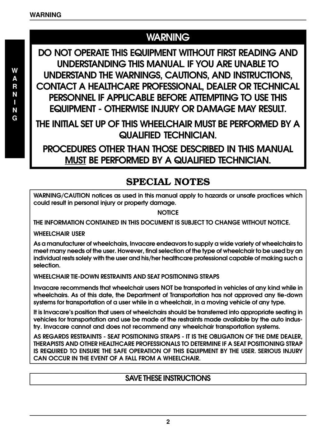 Invacare Pronto R2, R2-250 manual R N I N G, Wheelchair TIE-DOWN Restraints and Seat Positioning Straps 