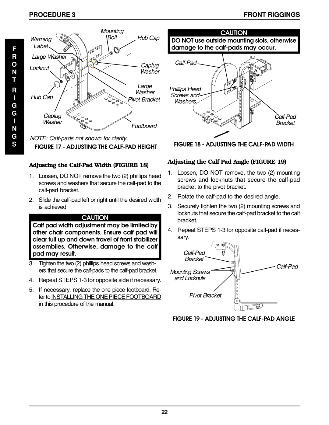 Invacare Pronto R2, R2-250 manual Locknut Caplug Washer, Hub Cap, Adjusting the Calf-Pad Width Figure 