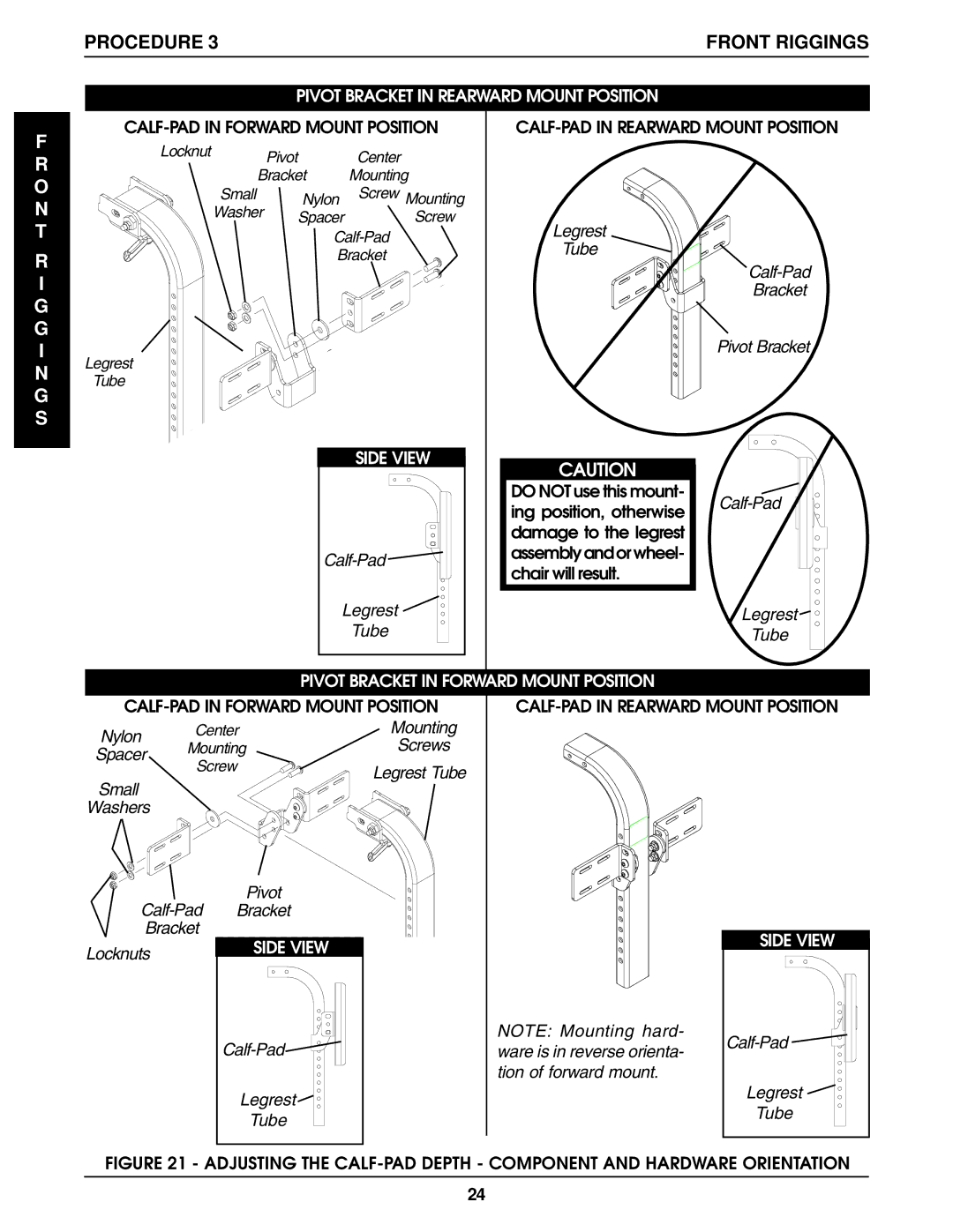 Invacare Pronto R2, R2-250 manual Calf-Pad Legrest Tube, Nylon, Small Washers, Calf-Pad Bracket Locknuts Pivot 