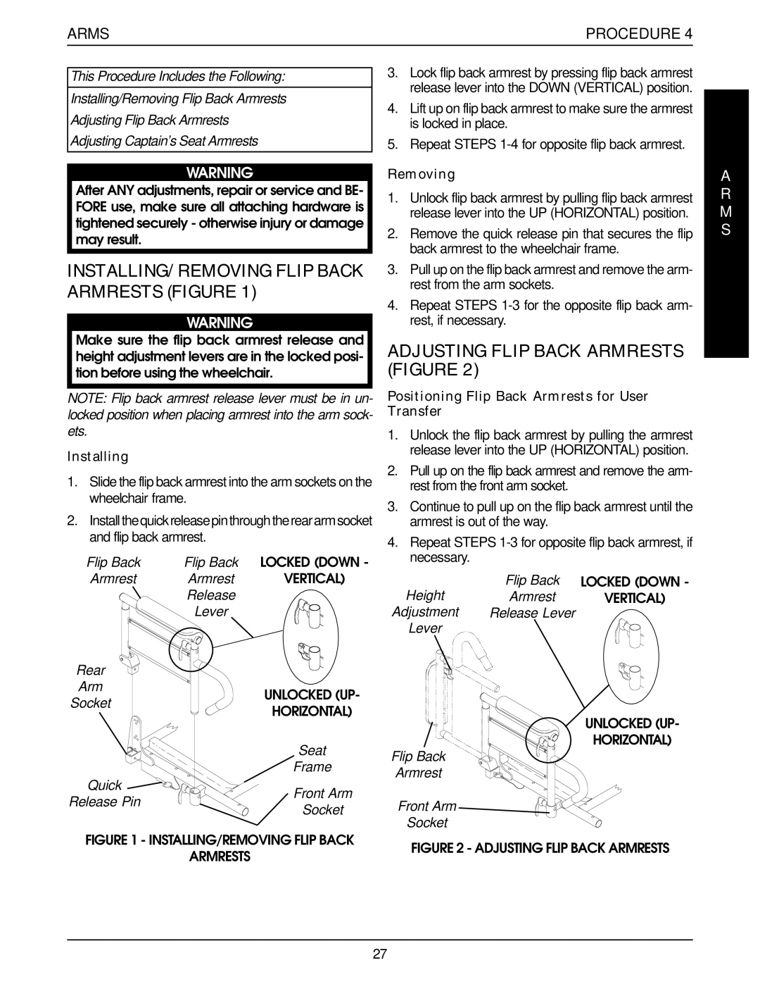 Invacare R2-250, Pronto R2 INSTALLING/REMOVING Flip Back Armrests Figure, Adjusting Flip Back Armrests Figure, Arms, M S 